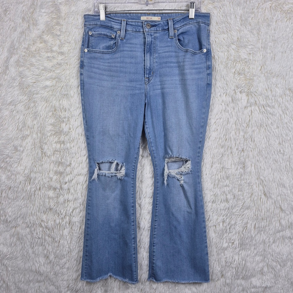 Levis 726 Flare Jeans Womens 32 Light Wash Distressed Raw Hem High Rise Blue